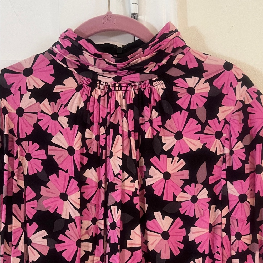 Kate Spade Floral Pink and Black Long Sleeve Mock Neck Dress Size 10 EUC